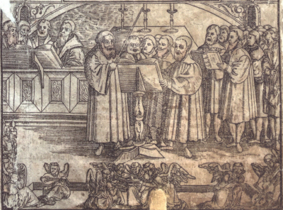 Jan Blahoslav, skupinový portrét zpívajícího bratrského sboru, Šamotulský kancionál, 1561